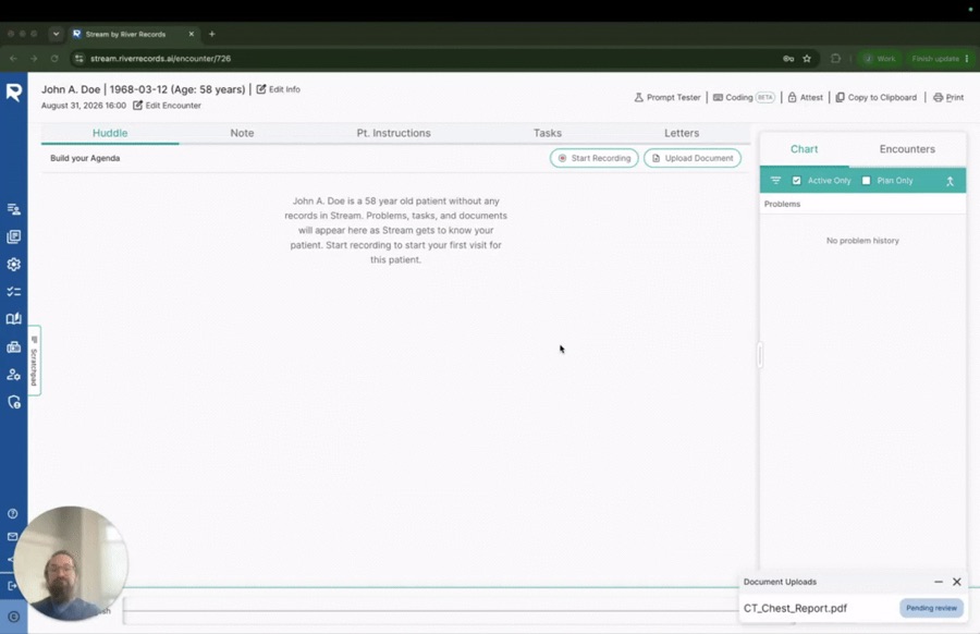 Stream with a chest CT report uploading and pending review, before any problems have been extracted
